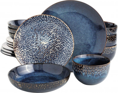Gibson Elite Matisse 16 Piece Double Bowl Dinnerware Set, Cobalt Blue