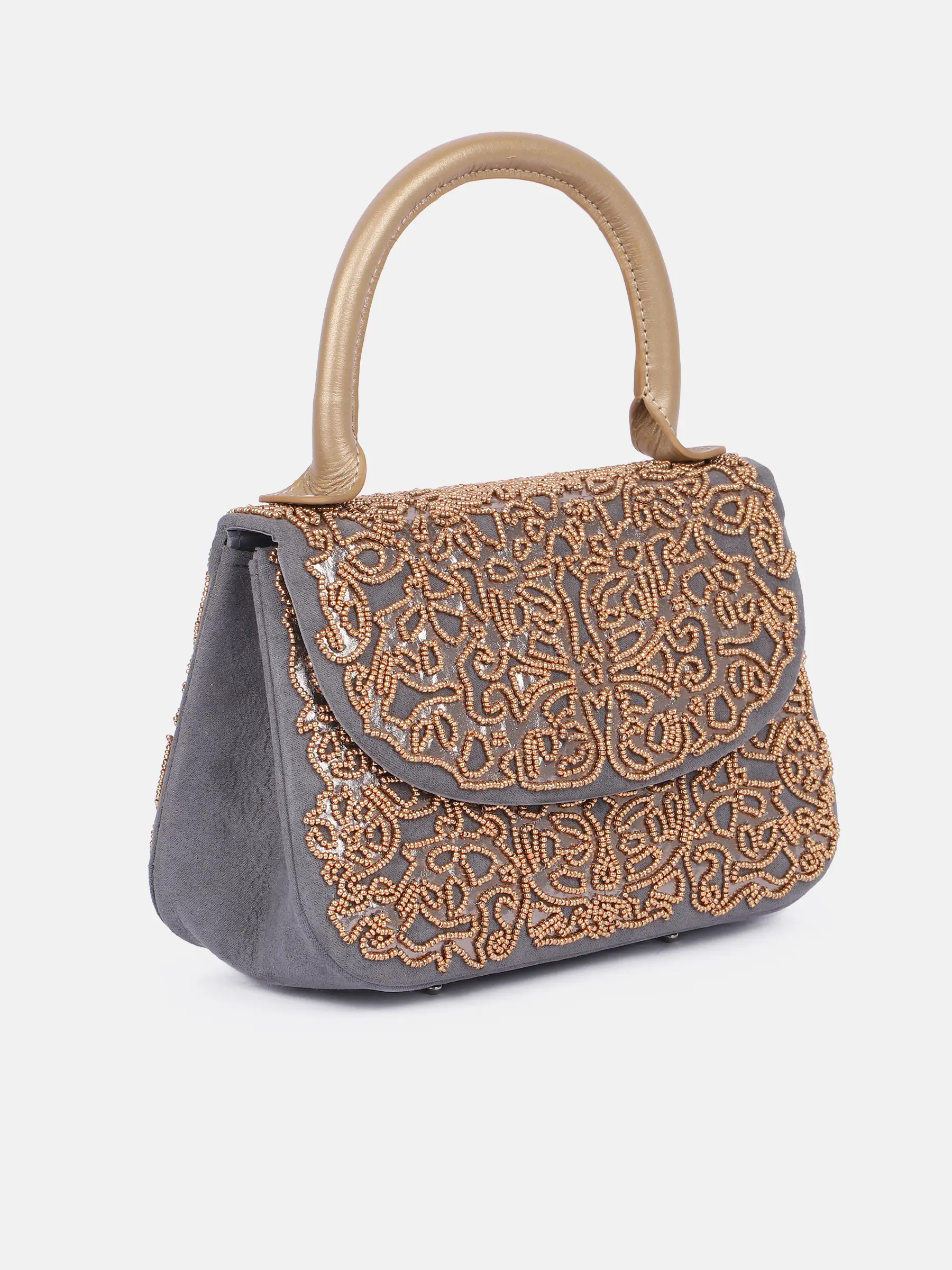 Grey Embroidered Suede Velvet Bag