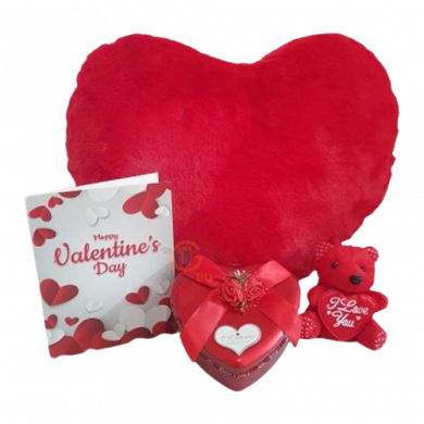 Valentines gift package heart pillow with heart chocolate