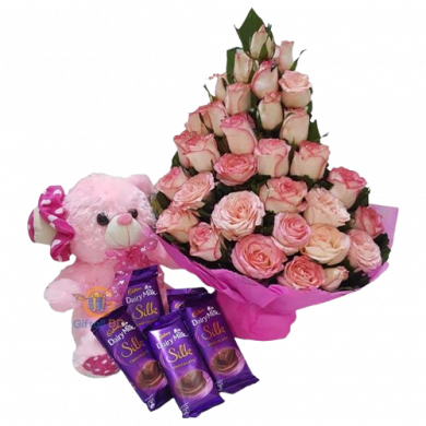 Pink rose with chocolate & Teddy