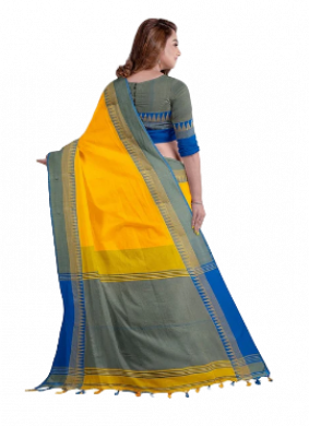 YELLOW BODY AND BLUE ANCHAL HANDLOOM COTTON SAREE