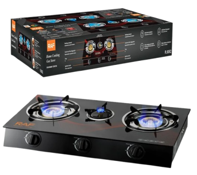 RAF 3-Burner Portable Gas Stove – Electronic Ignition, Flame Failure Protection, Home Cooking Gas Burner