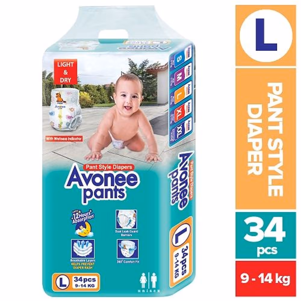 Avonee Pant Style Diaper L (9-14 kg) 34s Pack (Light & Dry)