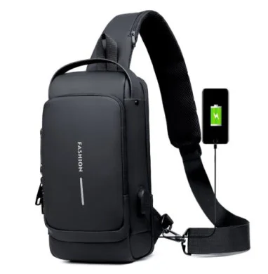 USB charging sport sling Anti-theft shoulder bag (Black)