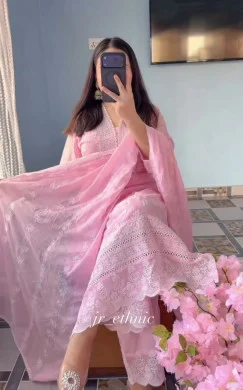 Premium Pink Chikankari Embroidery 3-Piece Dress