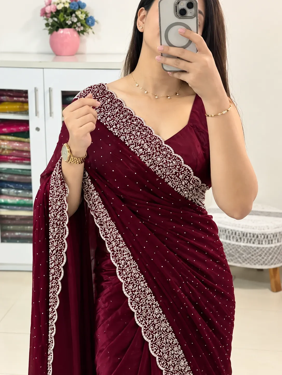 Maroon Stone Work Party Saree