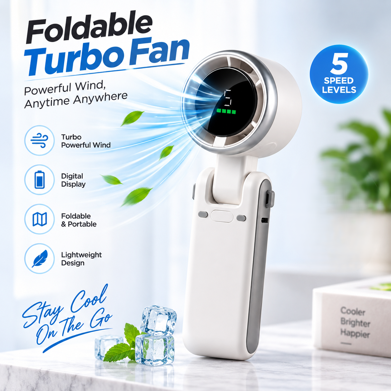 Foldable Powerful Winds Turbo Handheld Fan – 1800mAh Rechargeable Portable Mini Fan with 5 Speed Levels, 180° Foldable Design, Type-C Fast Charging &amp; Lanyard