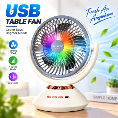 JYSUPER JY-2570 Rechargeable Stand/Table Fan with LED Light – 4 Speed Levels, 100° Auto Oscillation, 115° Tilt, Timer & Solar Panel Charging Support thumbnail