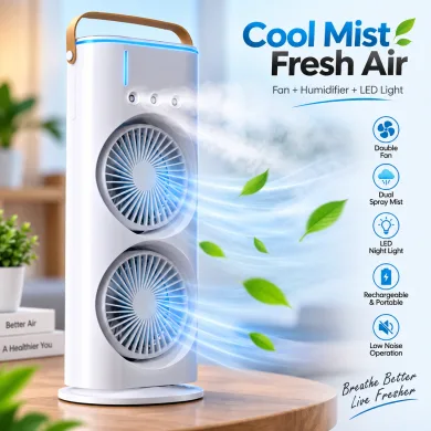 FADIUMS Rechargeable Portable Double-Ended Spray Fan with Humidifier – 600ml Water Tank, 3-Speed Cooling Fan, Built-in Multi-Color LED &amp; USB Type-C Desktop Fan thumbnail