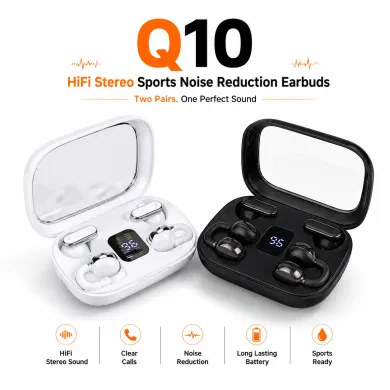 Q10 HiFi Stereo Sports Wireless Earbuds (2 Pairs) – 4-in-1 Combo Set with In-Ear &amp;amp; Open-Ear Clip Design, Bluetooth 5.4, LED Digital Display &amp;amp; IPX4 Waterproof thumbnail