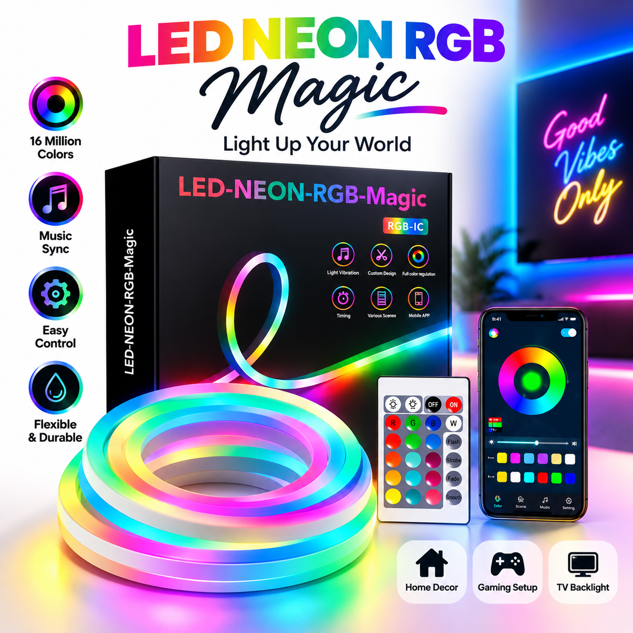 LED Neon RGB Magic Flexible Strip Light – App &amp; IR Remote Controlled Smart Neon Rope Light with Music Sync, Timer &amp; Dynamic Color Changing Features
