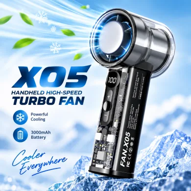 X05 Handheld High-Speed Turbo Cooling Fan – 3000mAh Battery, Ice Cooling Technology, 1-100 Stepless Speed Control, Digital LED Display & Transparent Design thumbnail