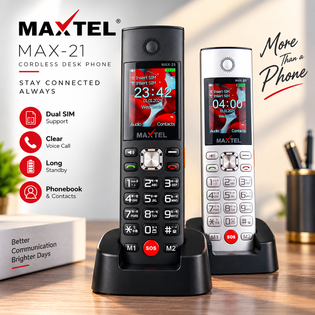 MAXTEL MAX21 Ultra Cordless Desk Phone – Dual SIM Feature Phone with 3000mAh Battery, Dock Charger, Type-C, SOS Emergency Button, Auto Call Recording &amp; Wireless FM