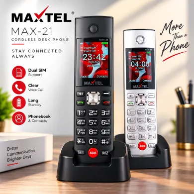 MAXTEL MAX21 Ultra Cordless Desk Phone – Dual SIM Feature Phone with 3000mAh Battery, Dock Charger, Type-C, SOS Emergency Button, Auto Call Recording &amp; Wireless FM thumbnail