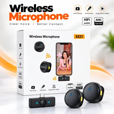 SX21-New 2-in-1 Wireless Lavalier Microphone – Dual Mic Setup for Crystal Clear Mobile Recording thumbnail