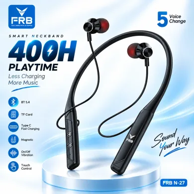 FRB N-27 Smart Wireless Neckband Earphone – Bluetooth 5.4 In-Ear Headset with 400H Battery Life, TF Card Slot, Type-C Fast Charging, Touch Control &amp; Voice Change Feature thumbnail