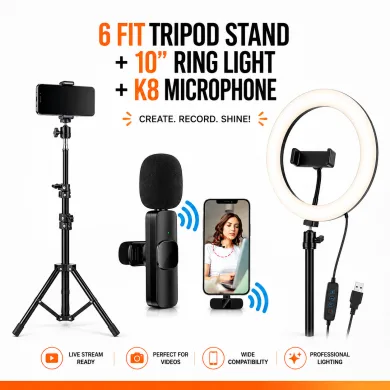 6 Ft Tripod Stand, 10&amp;quot; LED Ring Light &amp;amp; K8 Wireless Microphone Combo – Professional Content Creation &amp;amp; Vlogging Kit with 65ft Range, Adjustable Stand &amp;amp; Phone Cradle thumbnail