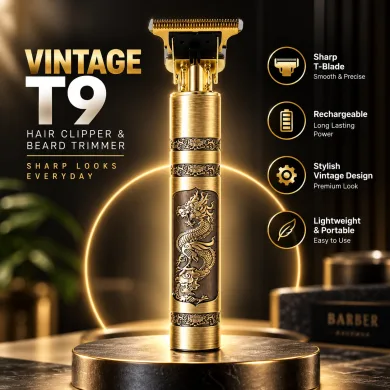 Rechargeable Vintage T9 Hair Clipper &amp; Beard Trimmer – Cordless Stainless Steel Men’s Grooming Kit with USB Charging, 360-Degree Close Shave &amp; 120-Min Battery Life thumbnail