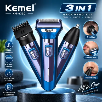 Kemei KM-6330 3-in-1 Rechargeable Hair Trimmer, Electric Shaver &amp; Nose Clipper Grooming Kit – Universal Voltage, 60-Min Runtime &amp; 4 Guide Combs thumbnail