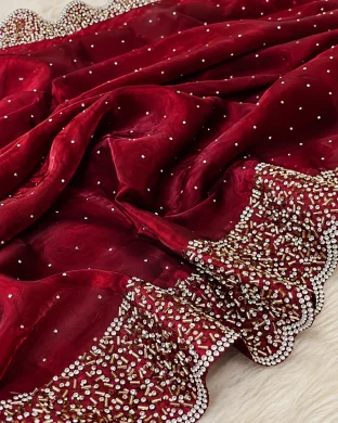 Maroon Stone Work Party Saree thumbnail