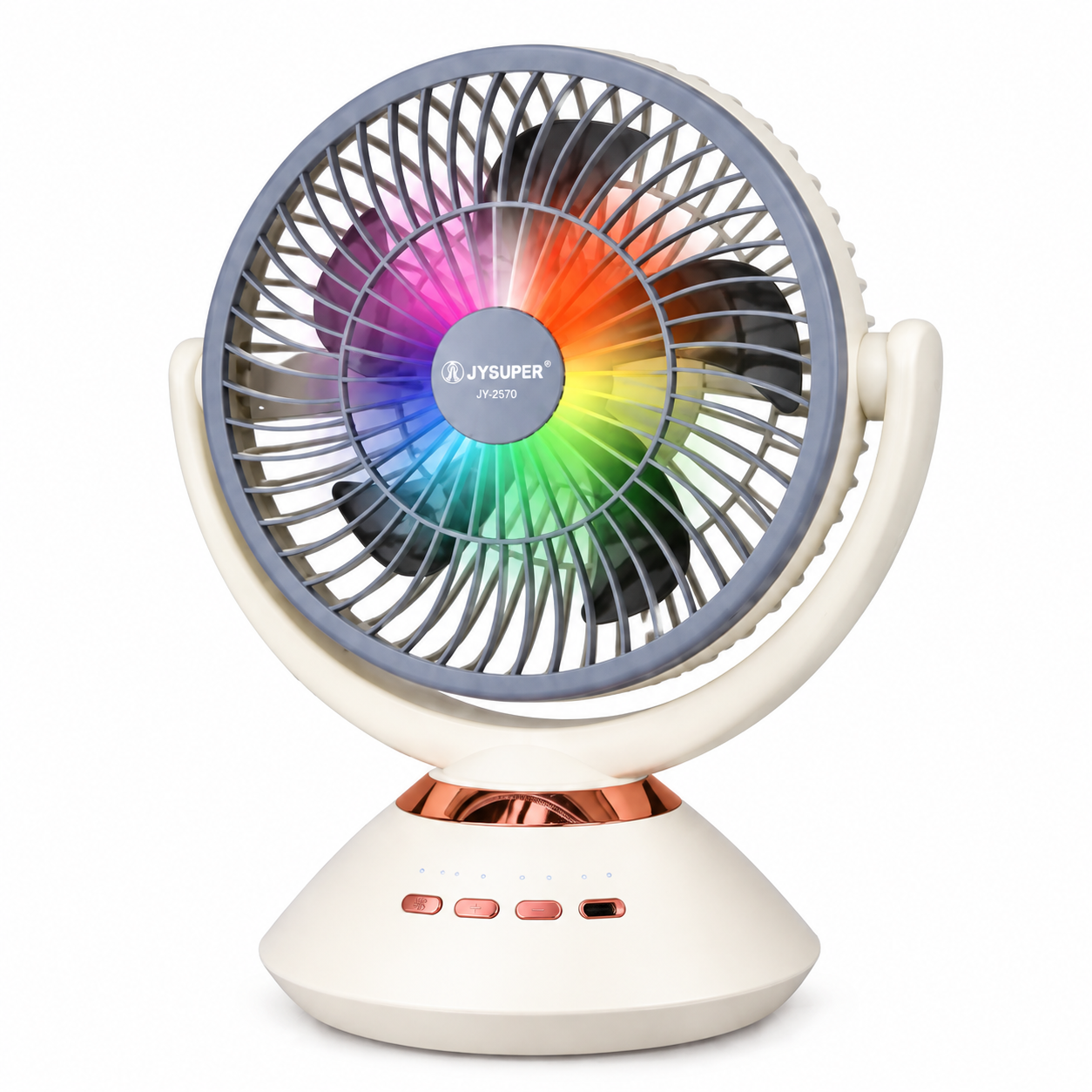 JYSUPER JY-2570 Rechargeable Stand/Table Fan with LED Light – 4 Speed Levels, 100° Auto Oscillation, 115° Tilt, Timer & Solar Panel Charging Support thumbnail