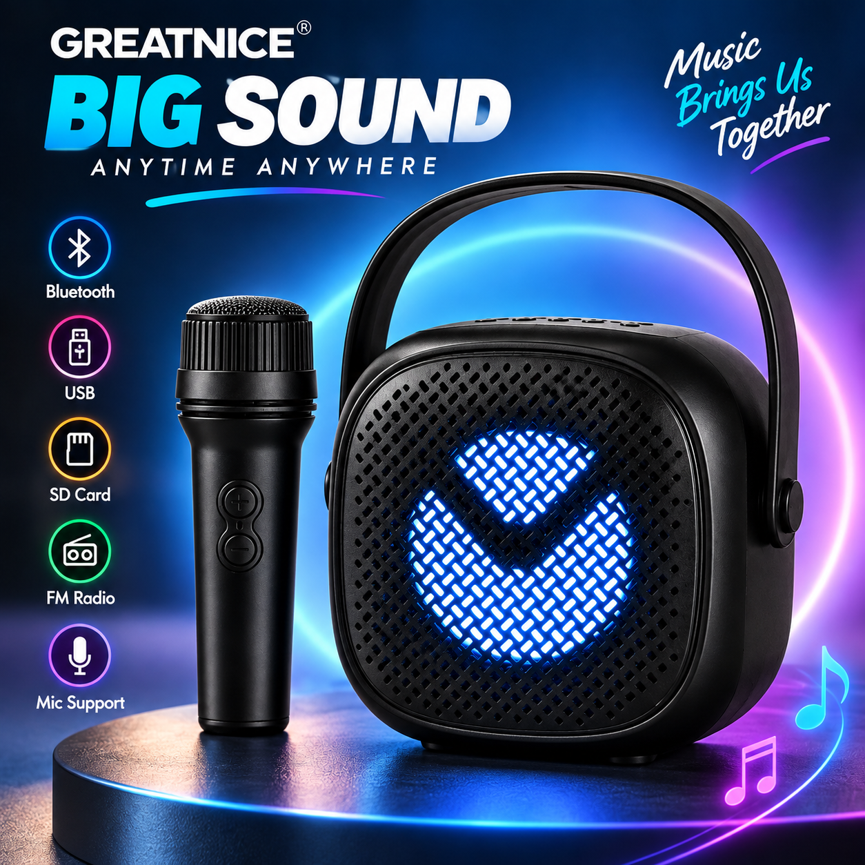 GREATNICE Portable Wireless Bluetooth Speaker with Mic – 3-Inch Big Sound Speaker, USB, SD Card, FM Radio &amp; Karaoke Support with Stylish Lighting thumbnail