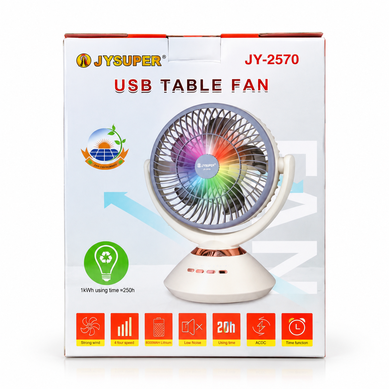 JYSUPER JY-2570 Rechargeable Stand/Table Fan with LED Light – 4 Speed Levels, 100° Auto Oscillation, 115° Tilt, Timer & Solar Panel Charging Support thumbnail