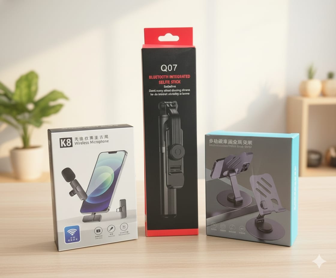 Smart Vlogger's Combo – K8 Wireless Lavalier Microphone, Q07 Bluetooth Selfie Stick Tripod & 360° Rotating Phone & Tablet Stand for Content Creators thumbnail