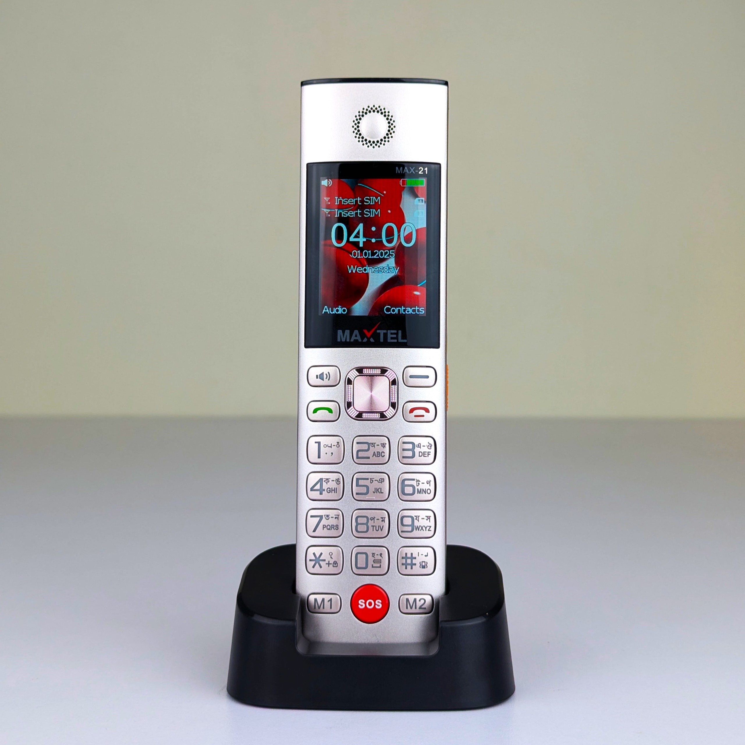 MAXTEL MAX21 Ultra Cordless Desk Phone – Dual SIM Feature Phone with 3000mAh Battery, Dock Charger, Type-C, SOS Emergency Button, Auto Call Recording &amp; Wireless FM thumbnail