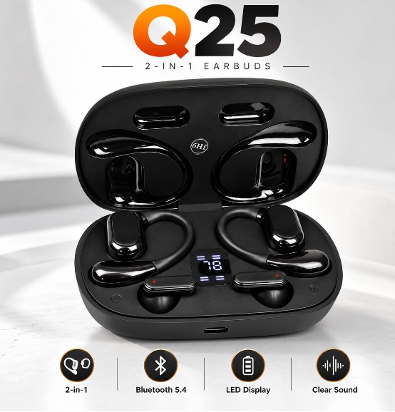 Q25 2-in-1 Couple Soft Ear Hooks TWS Wireless Earbuds – LED Digital Display thumbnail